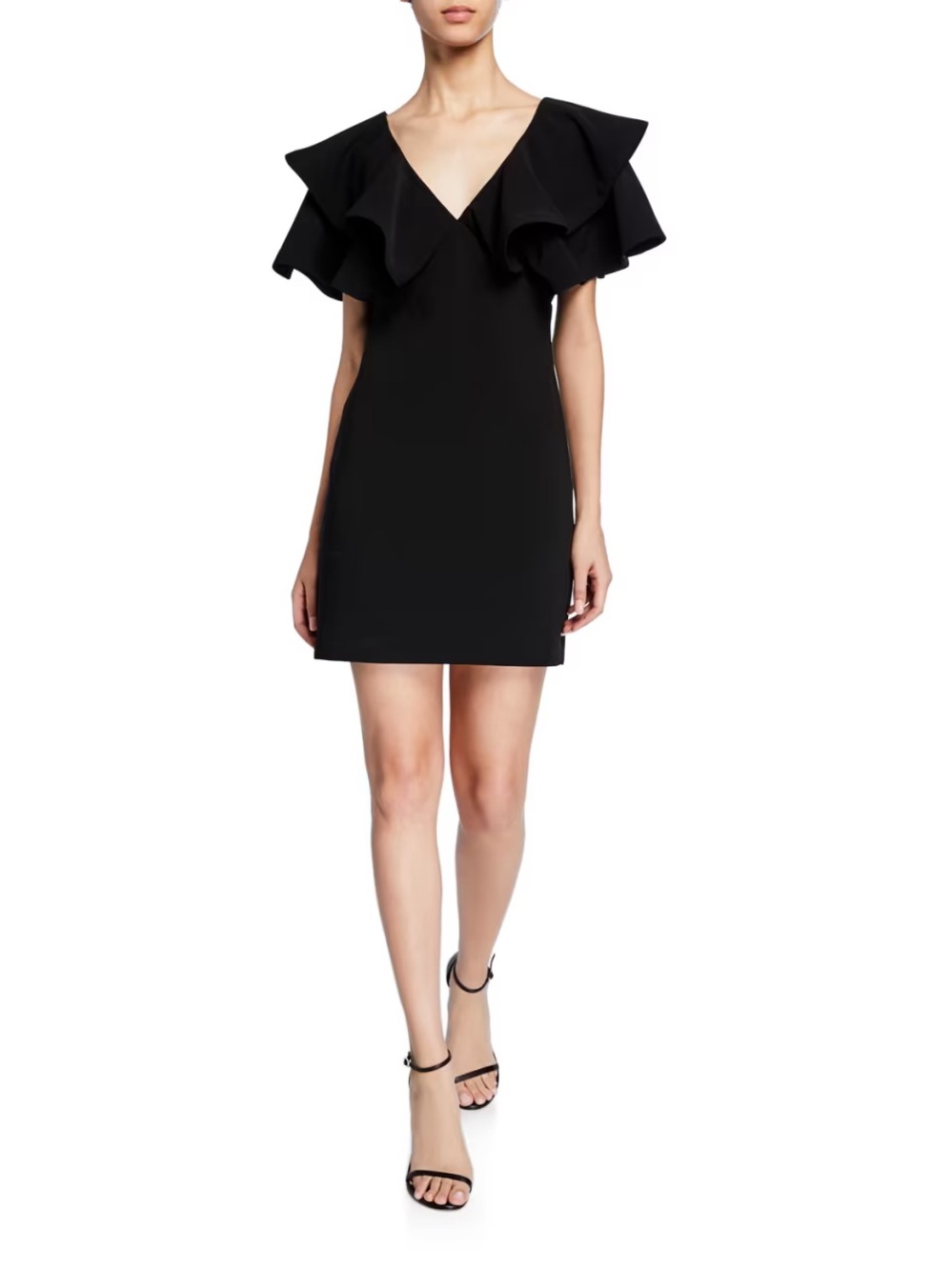 cinq a sept Black Mini Dress with Dramatic Ruffle Shoulders
